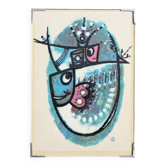 Signed Lars Nyman textile art wall hanging with fish, Mid Century wall decoration
