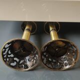 Pair of Hebrew Candlesticks. In antique gold-plated brass. Signed FFS Israel