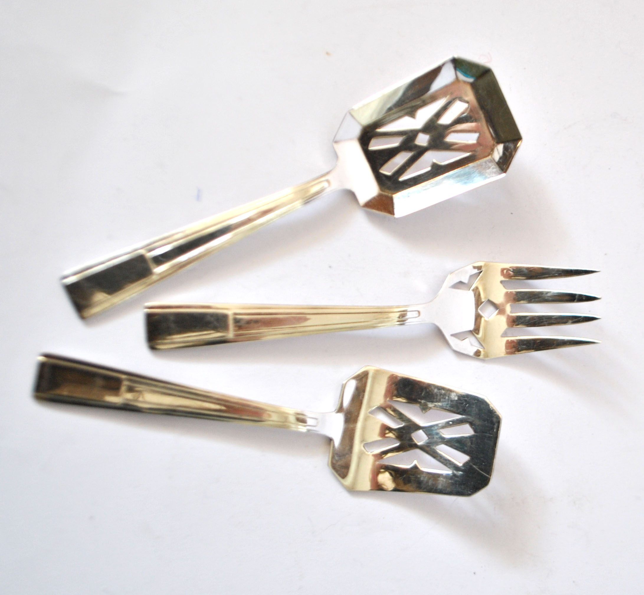 Set of 3 modernist 1950s dessert cutlery in silver by RENEKA.