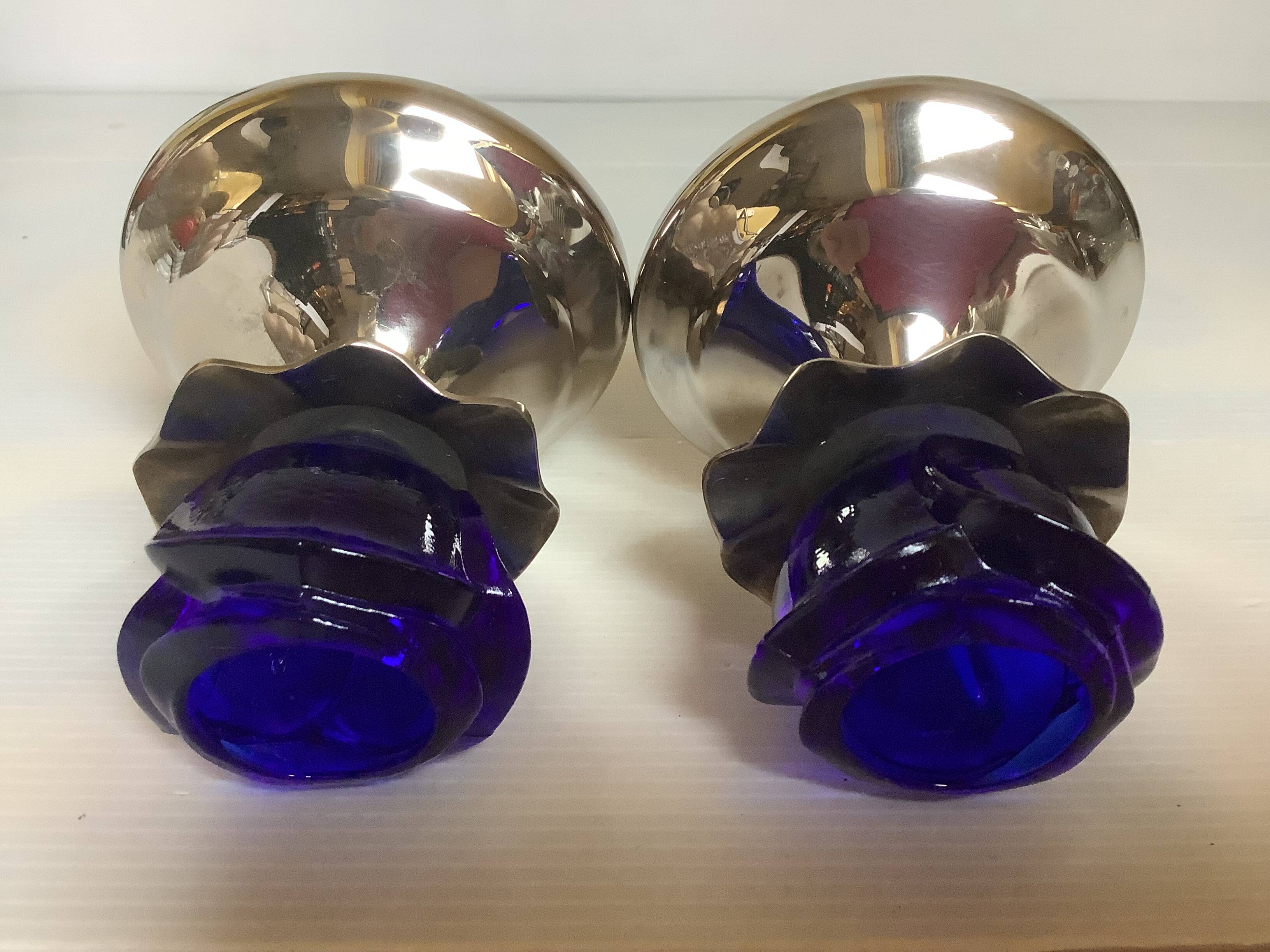 Pair of cobalt blue tulip-base candlesticks