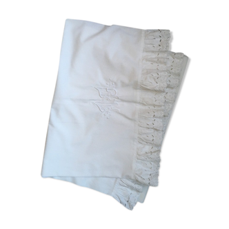White cotton and monogrammed lace bolster cover MG