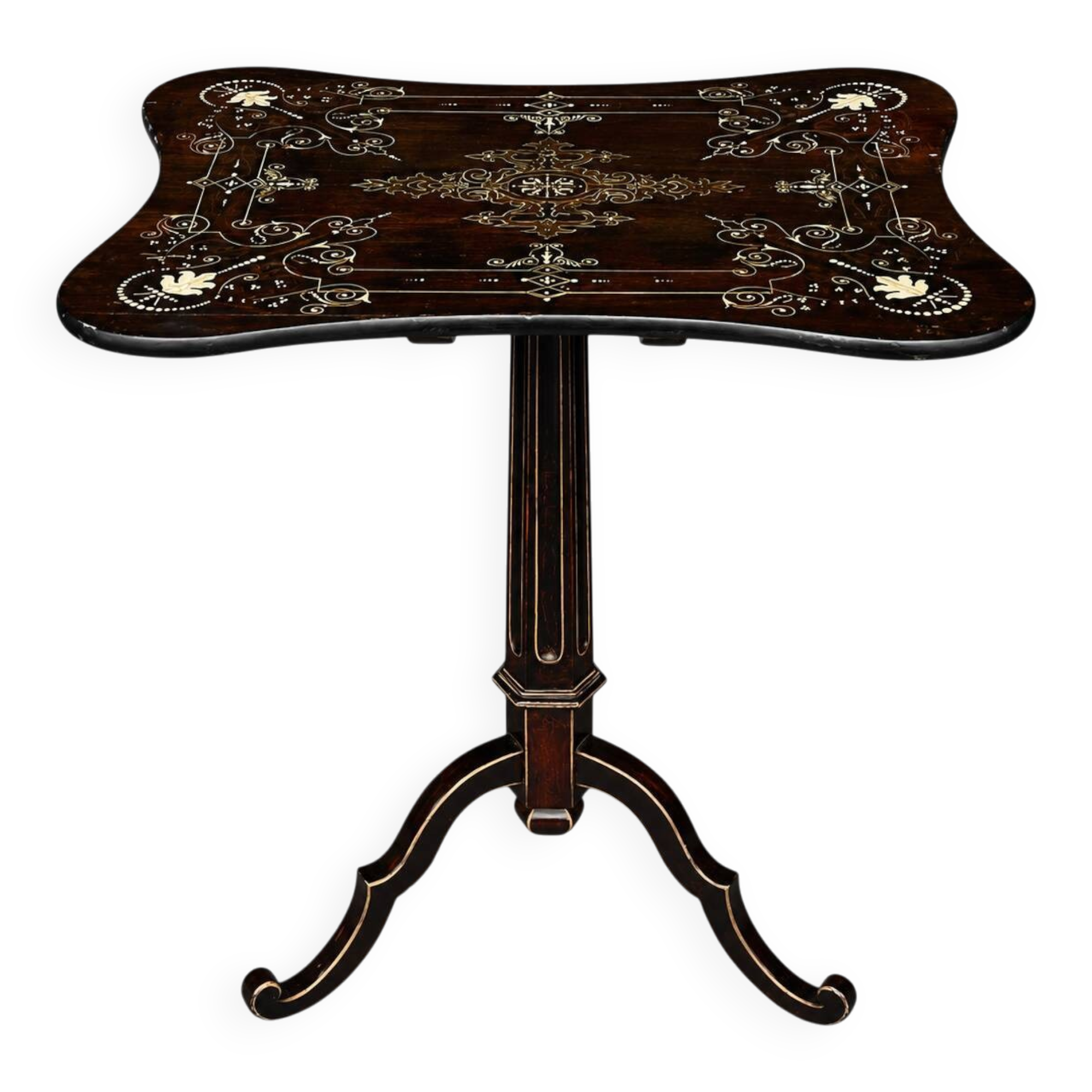 Table tripode victorienne en acajou, plateau basculant peint à la main.