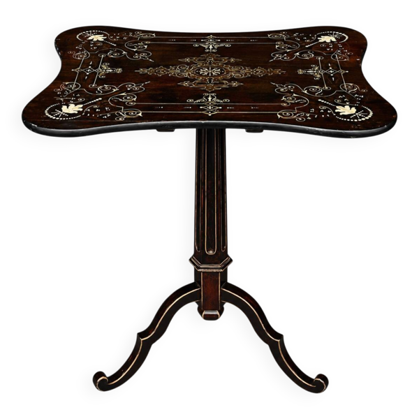 Table tripode victorienne en acajou, plateau basculant peint à la main.
