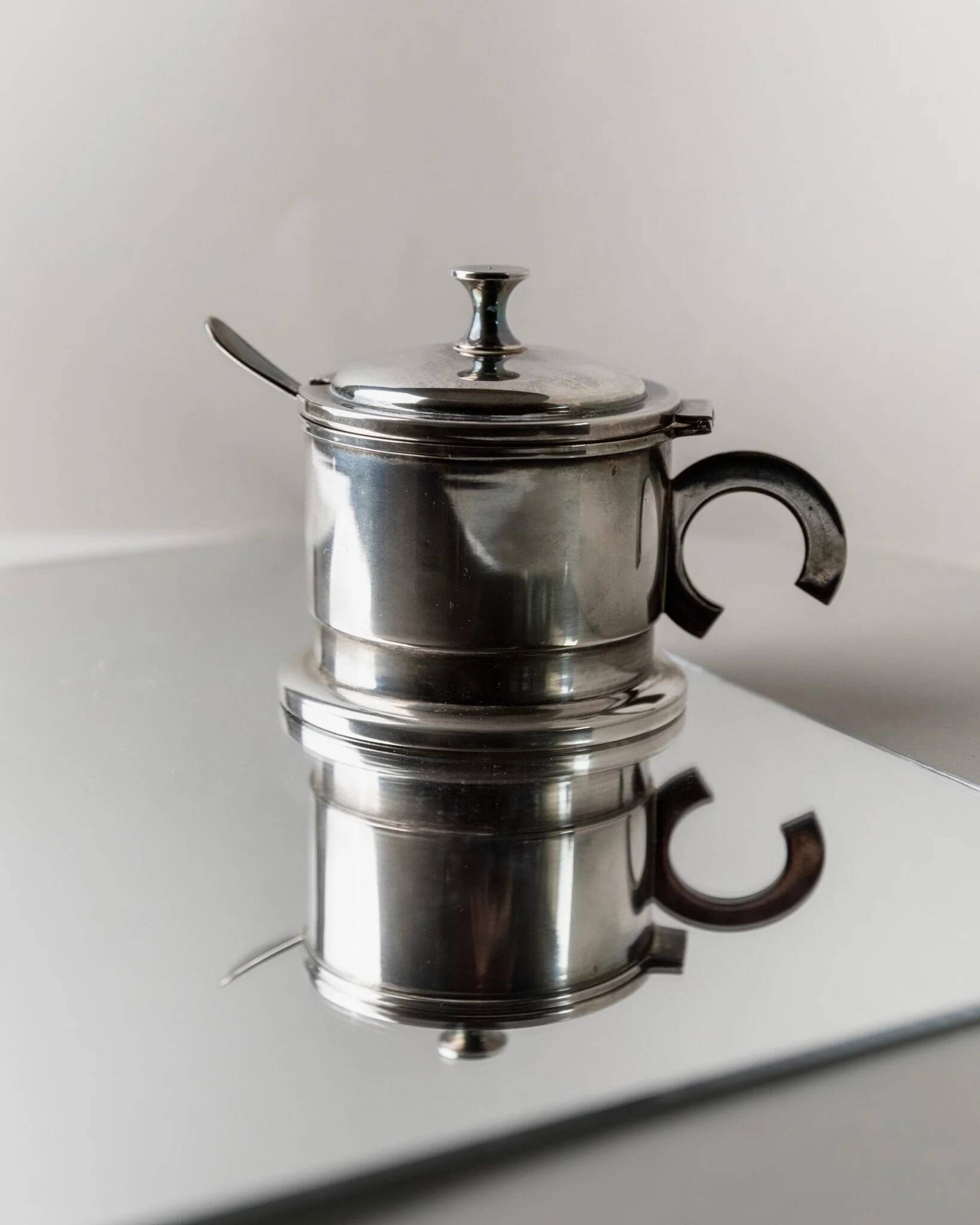 Argent Metal Silver-Plated Art Deco Lidded Box with Spoon, Italian 1930s Table Decor