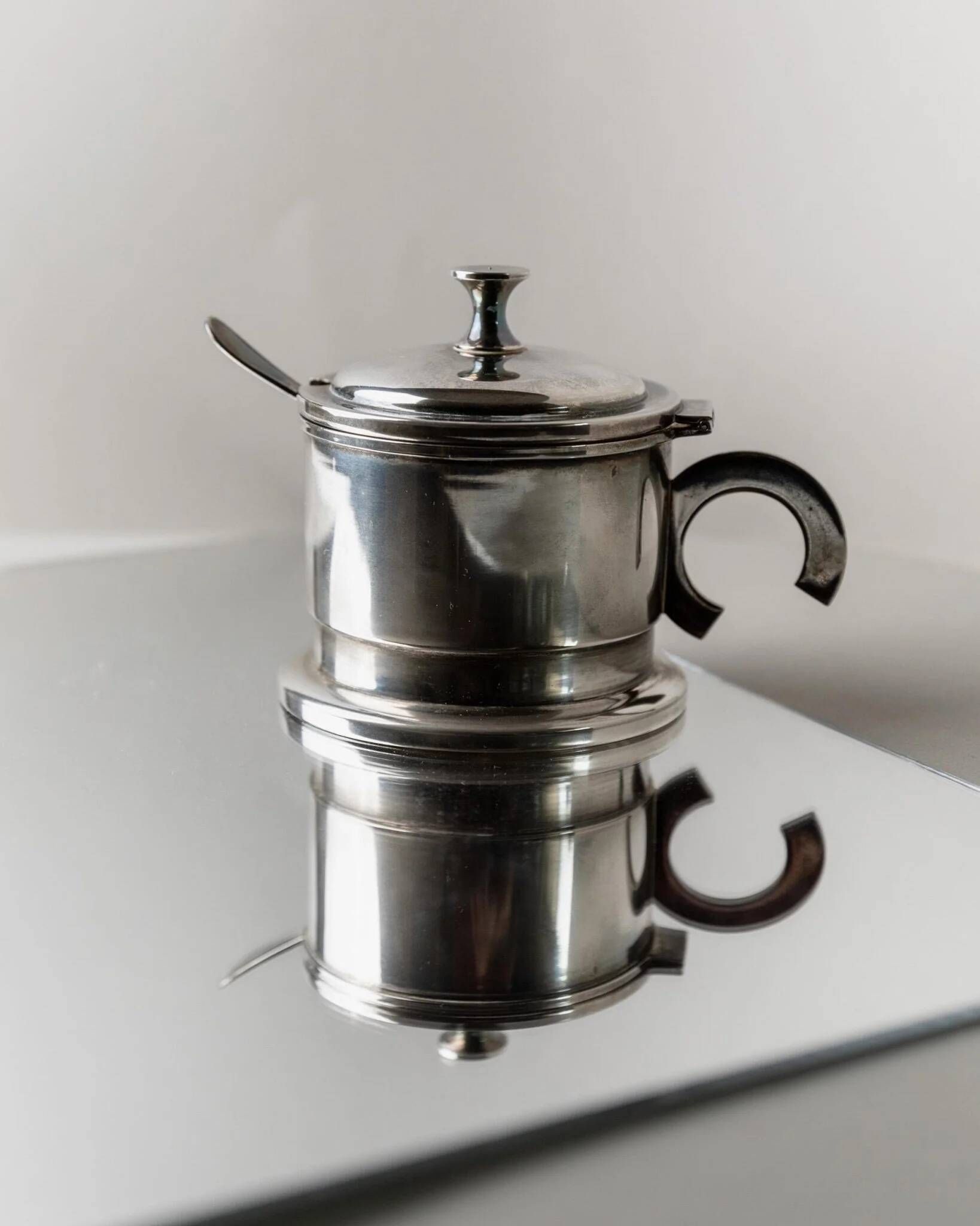 Argent Metal Silver-Plated Art Deco Lidded Box with Spoon, Italian 1930s Table Decor