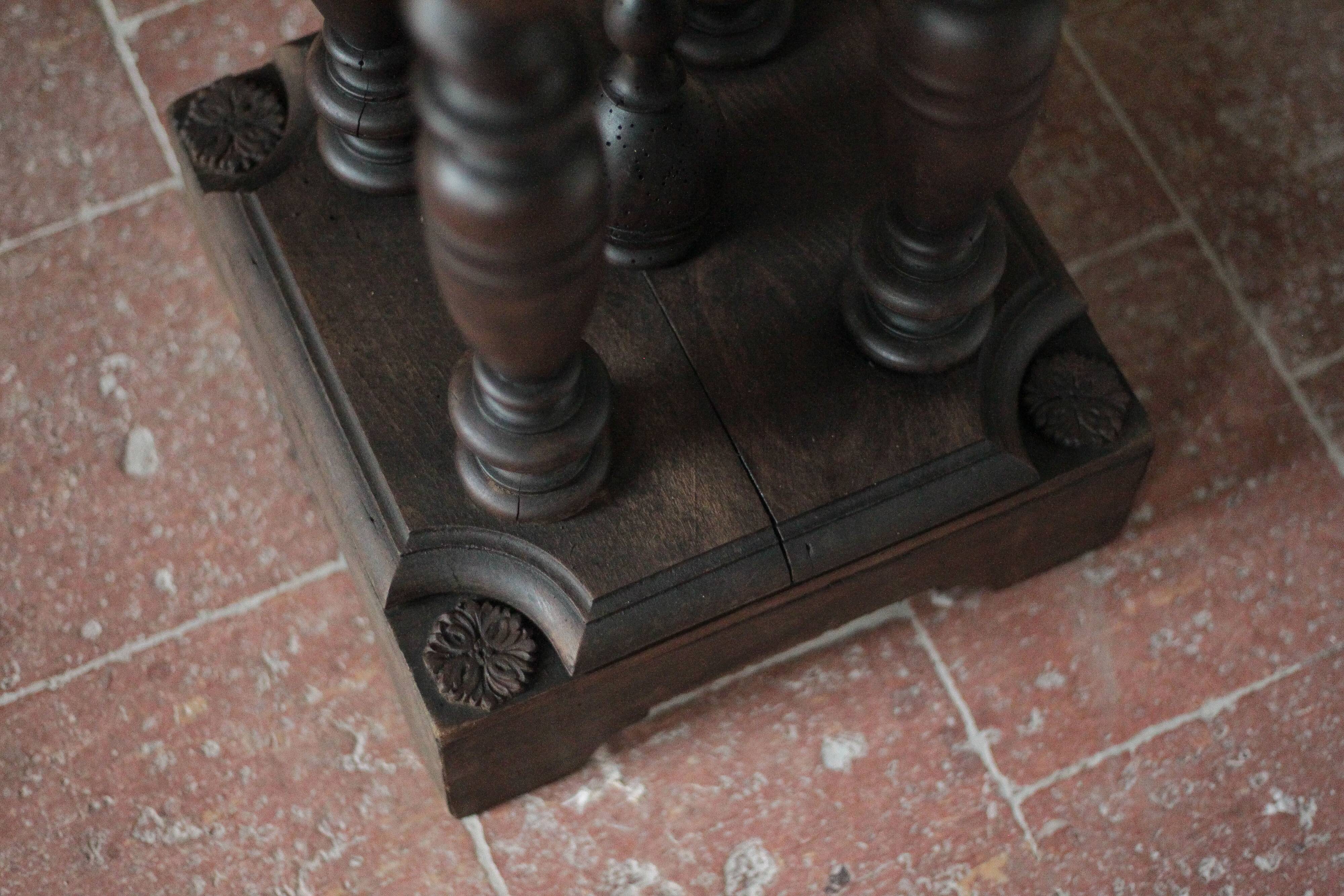 Vintage wood and marble side table, Louis XIII style turned wood pedestal table