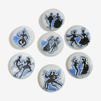 7 plates vintage 1950 blue and black décor, dancers
