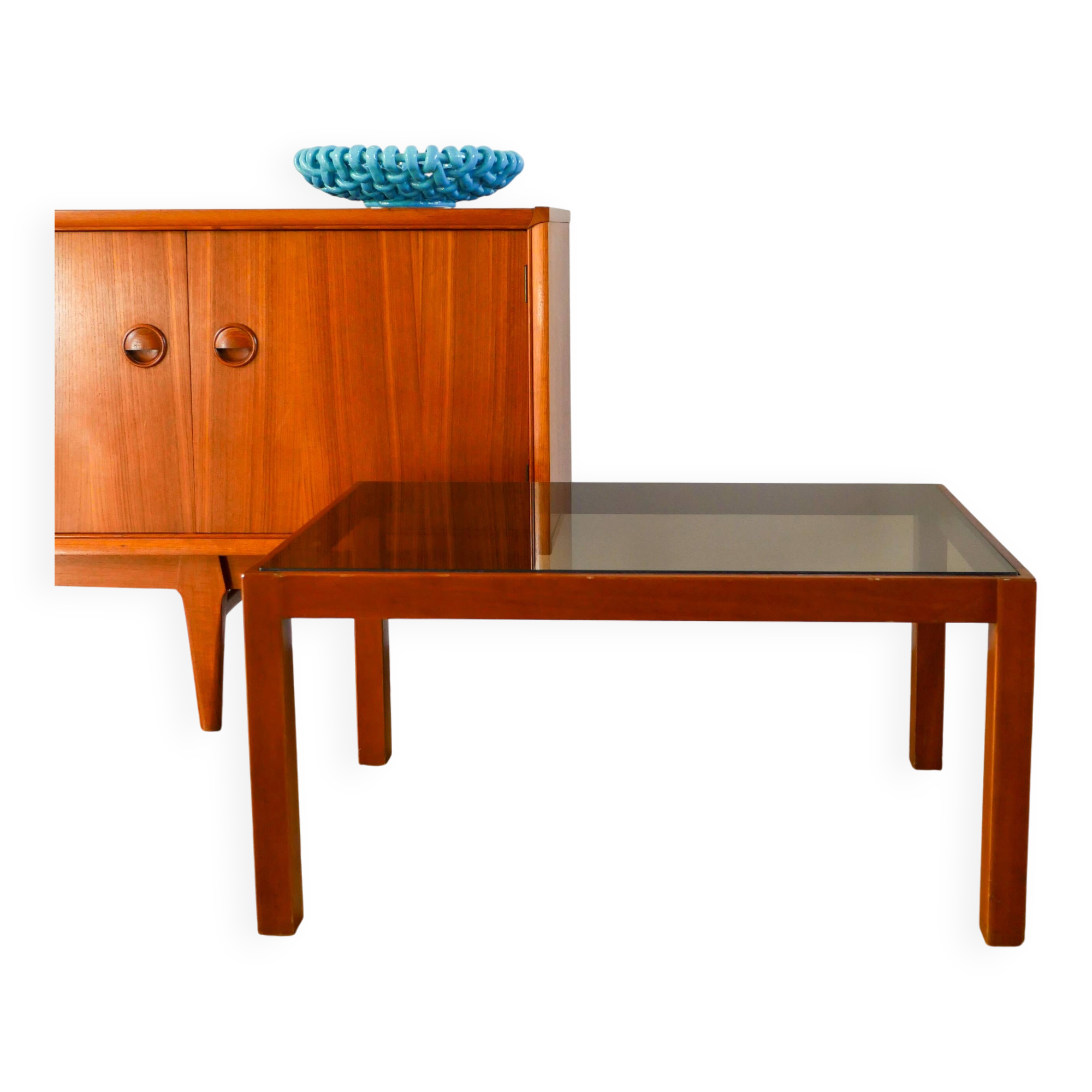 Wood and smoked glass coffee table, Design, 1970