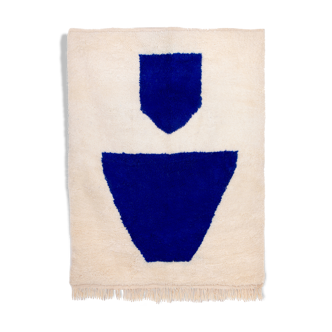 Berber carpet beni ourain ecru with blue patterns 193 x 150 cm