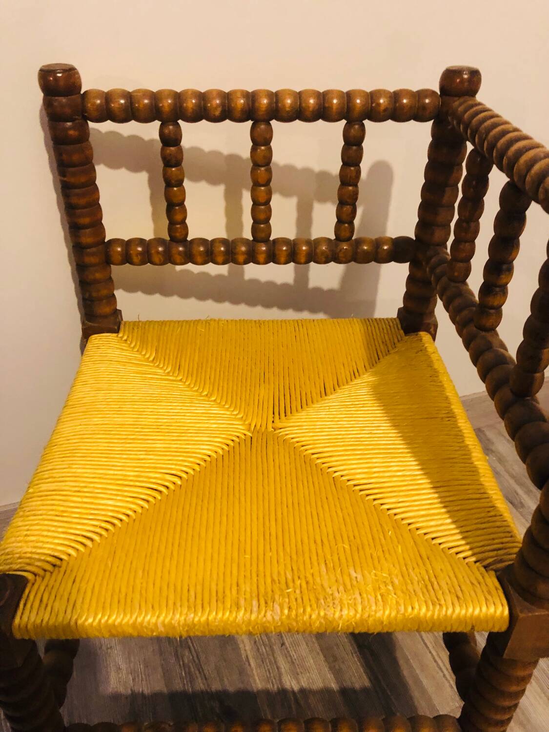 Vintage Art Deco corner chair in bobbin oak and straw, 1930s