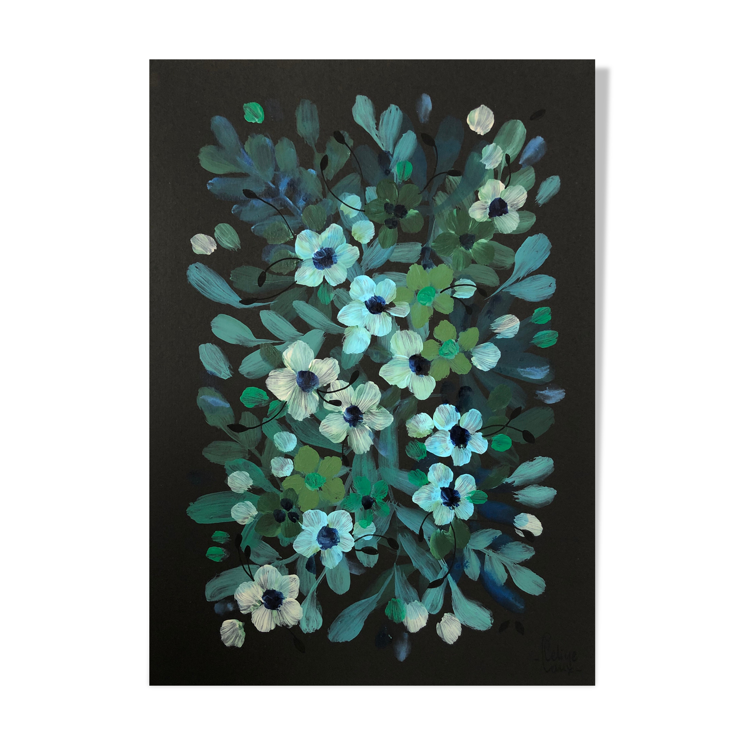 Peinture A4 Feuillages et fleurs bleues