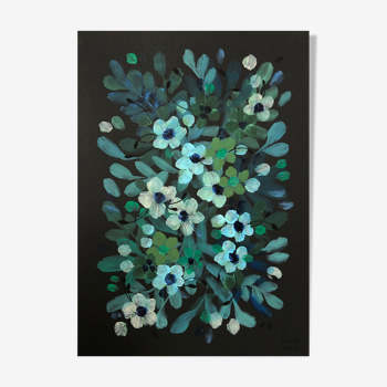 Peinture A4 Feuillages et fleurs bleues