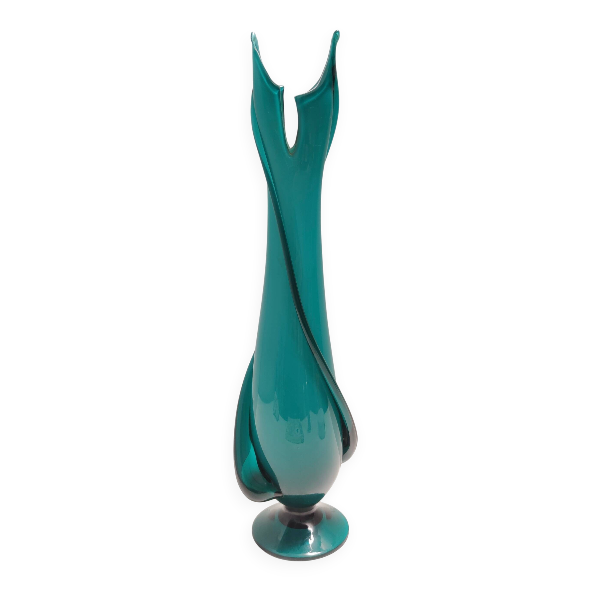 Teal Encased and Hand-Blown Murano Glass Flower Vase, Italy