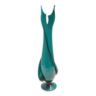 Teal Encased and Hand-Blown Murano Glass Flower Vase, Italy