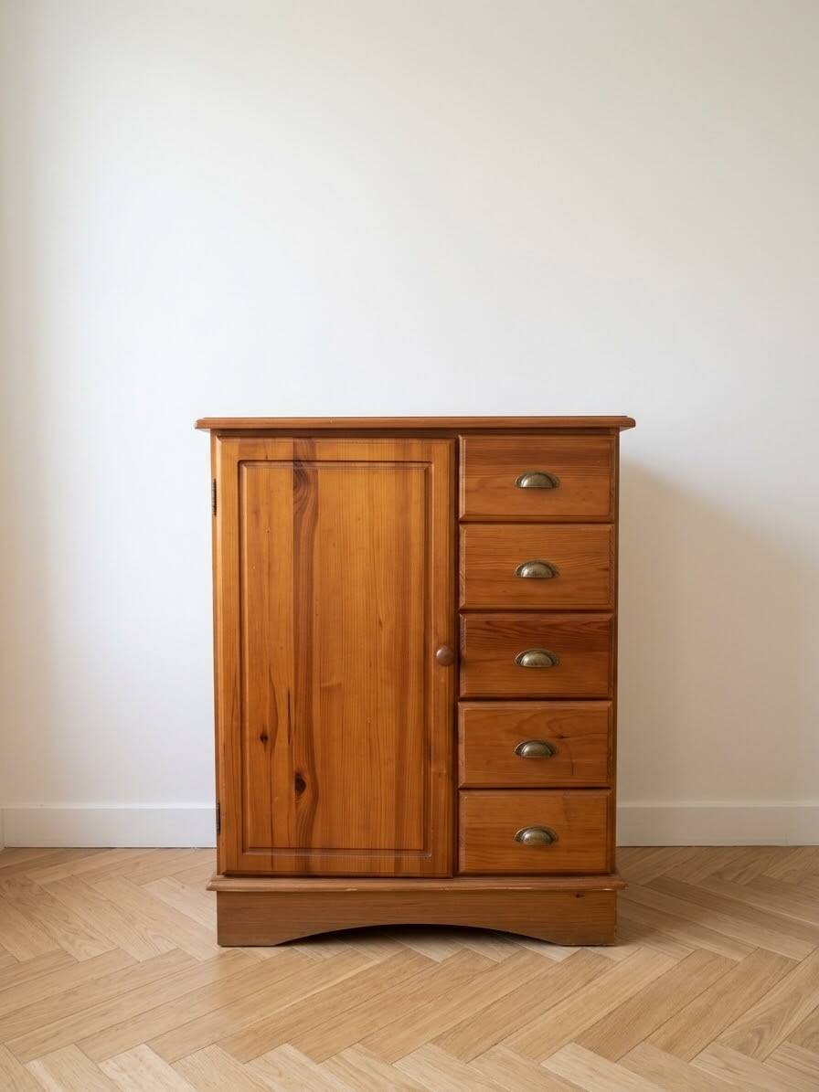Vintage wooden storage cabinet with drawers