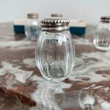 Set of 4 salerons, Christofle goldsmithery, solid silver, pressed molded glass