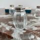 Set of 4 salerons, Christofle goldsmithery, solid silver, pressed molded glass