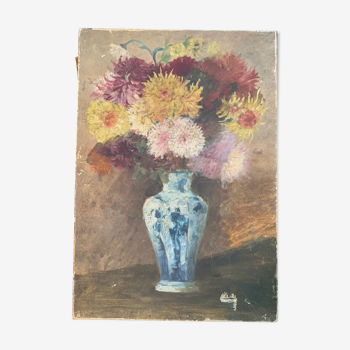 Tableau ancien fleurs huile sur toile nature morte au pivoines