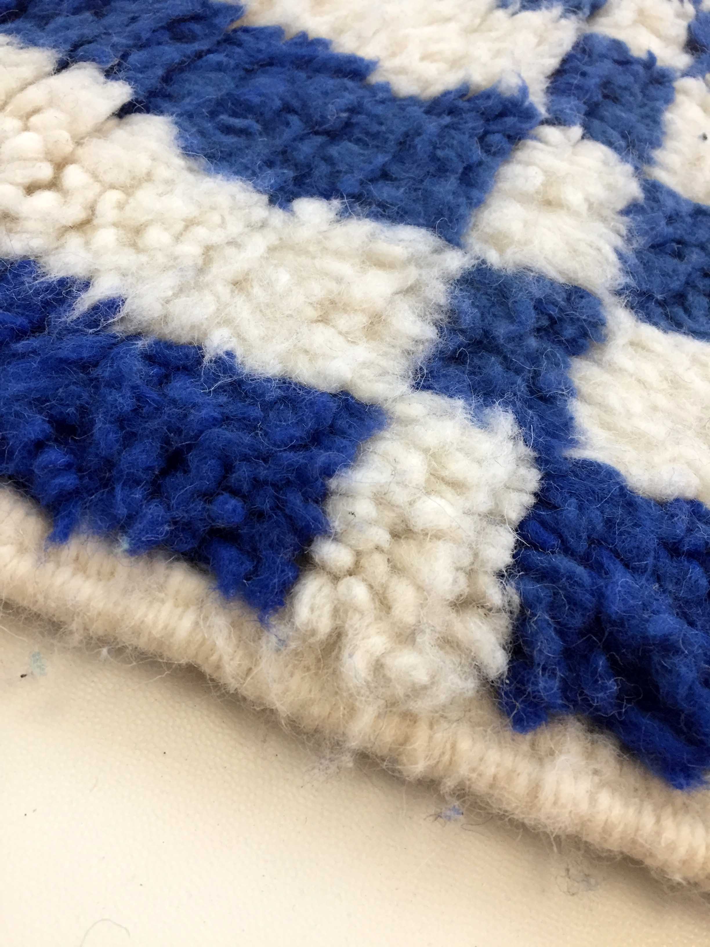 Moroccan Berber carpet blessed ouarain ecru with blue geometric patterns 216x130cm