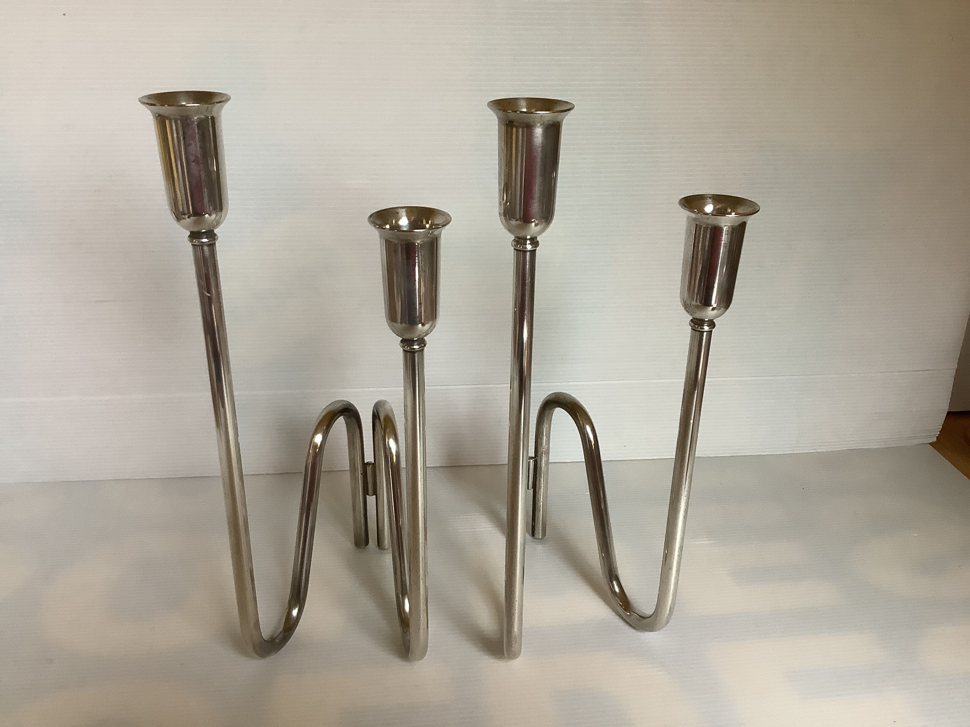 Pair of modernist candle holders silver metal PM Italy