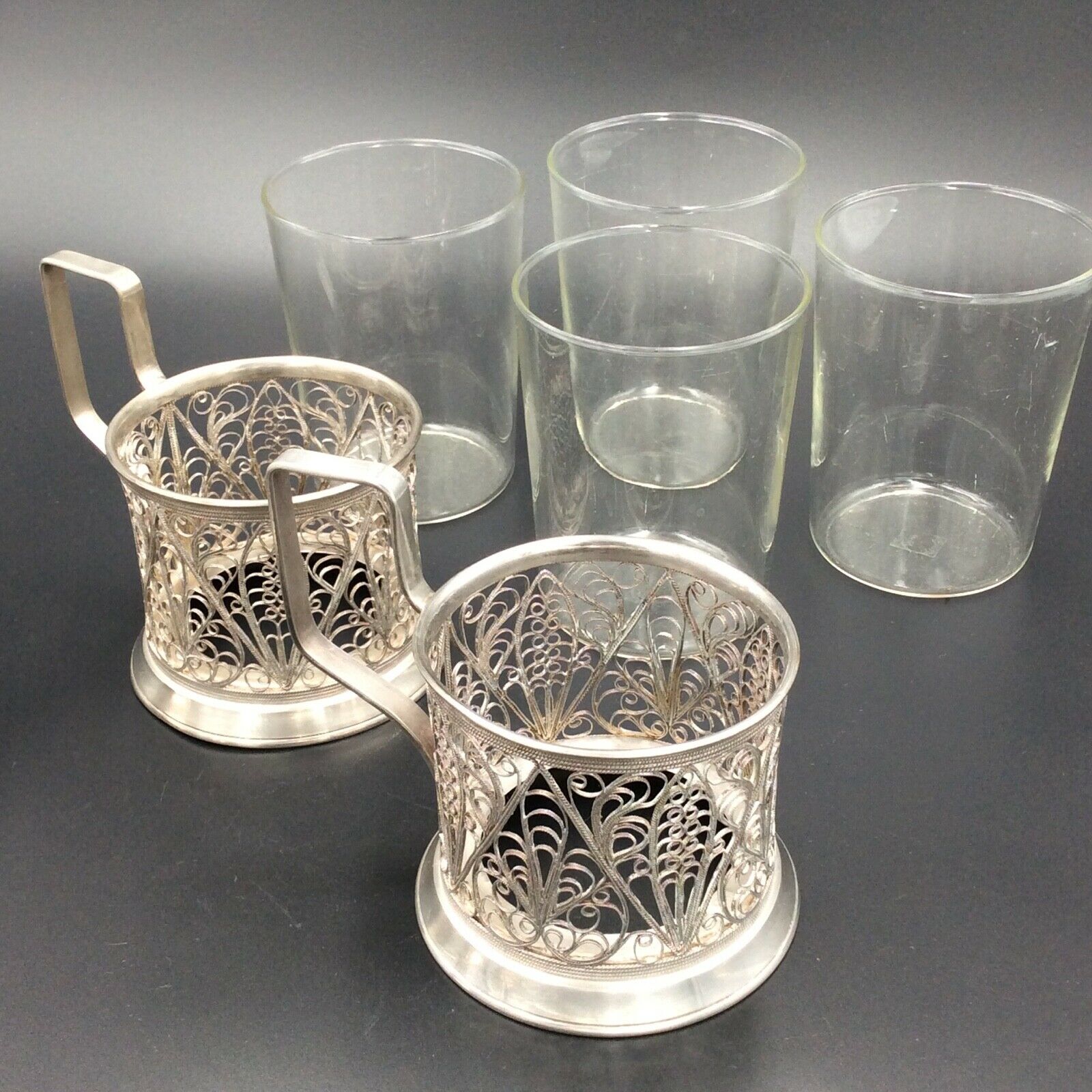 4 russian tea cups silver metal watermarked ussr