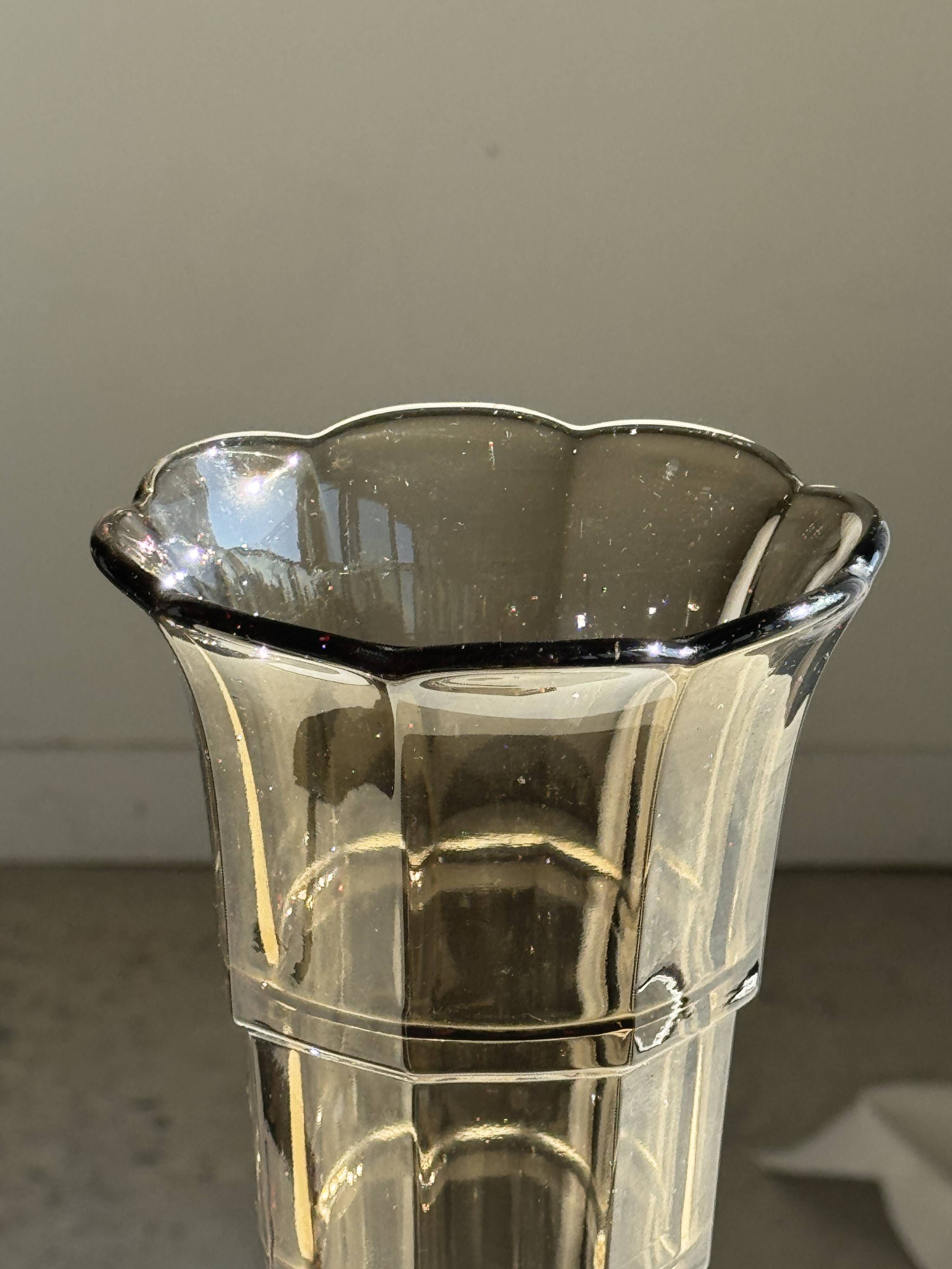 Flared Art Deco vase in smoked moulded glass with steps H30 W13.5