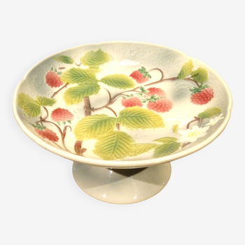 Compotier assiette pied douche barbotine Saint Clément décor en relief framboise