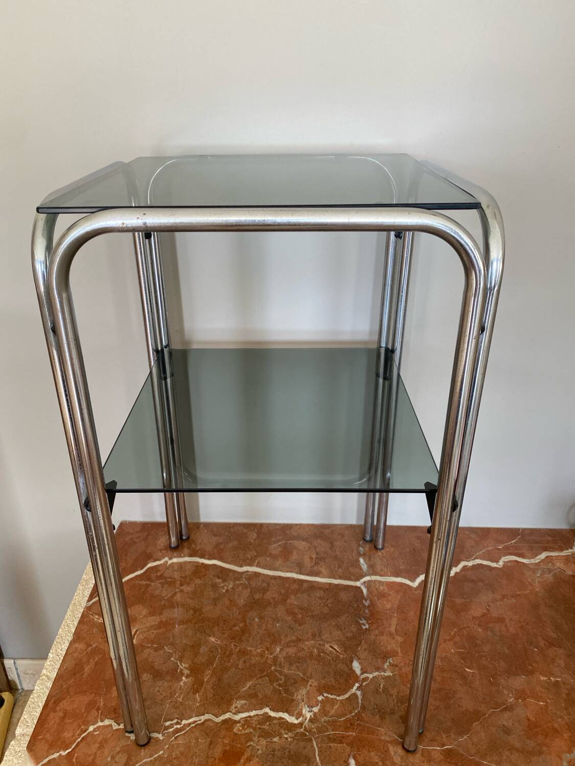 Chrome and smoked glass side table