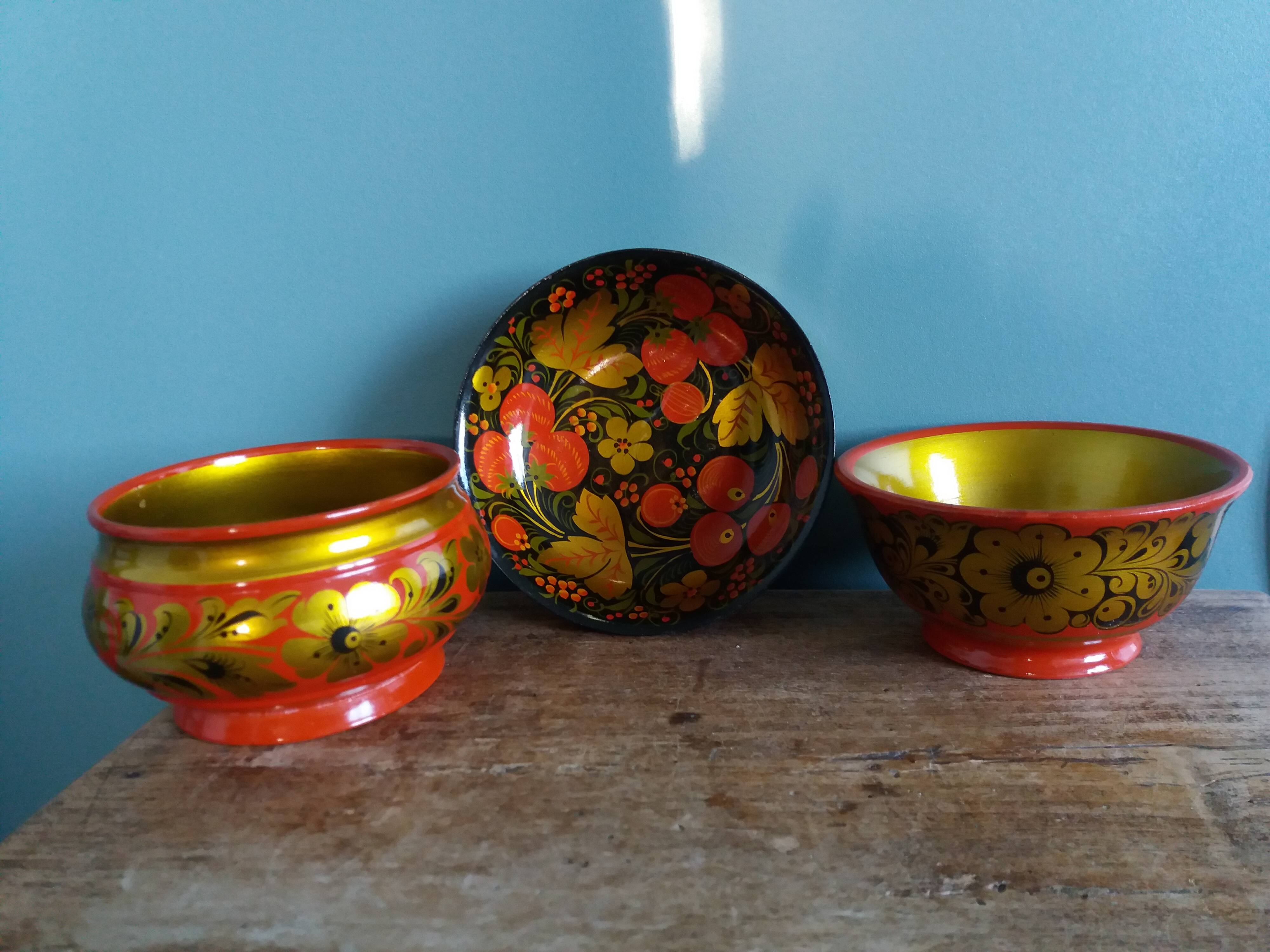 Khokhloma Russian handicraft painted wooden bowls