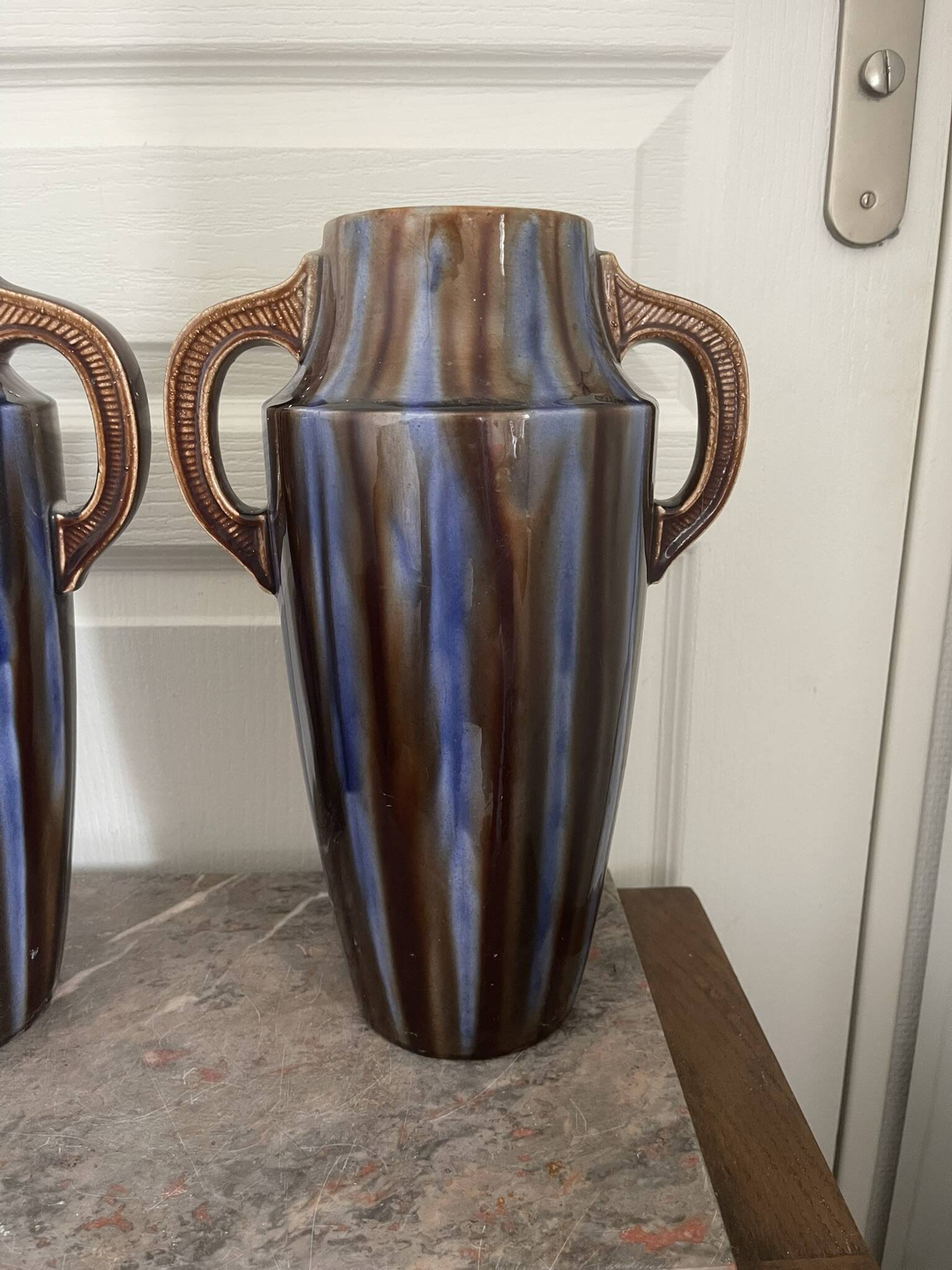 Old pair of glazed ceramic vases art deco amphora vierzon louis gueule