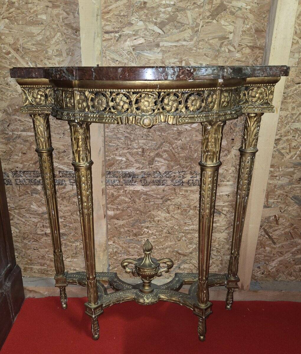Louis XVI style demi-lune console – carved wood and marble top