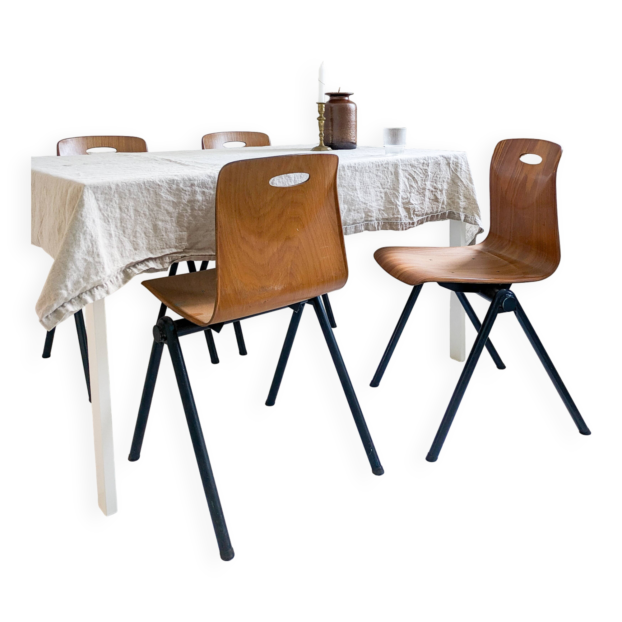 Lot de 4 chaises empilables vintage métal bois, style industriel Mid-Century