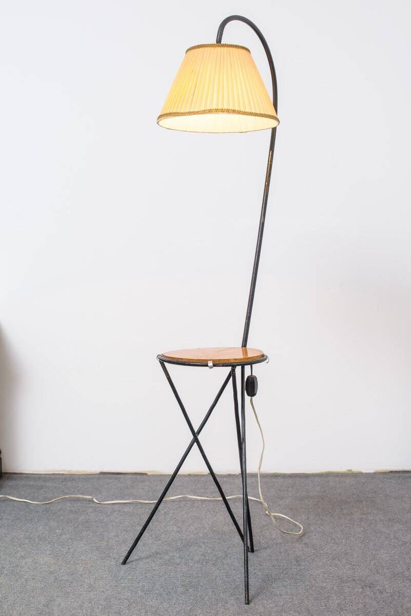 Mid-Century black floor lamp, wood and fabric with integrated table, 1950s