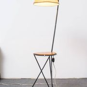 Mid-Century black floor lamp, wood and fabric with integrated table, 1950s