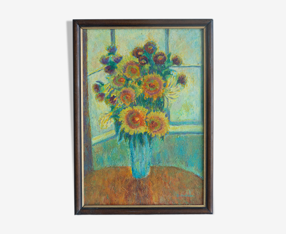 Toile peinture huile tournesols nature morte signée