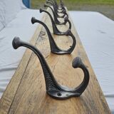 Teak coat rack with 8 double cast iron hooks