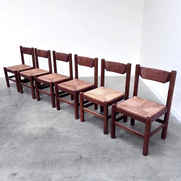 Oak and wicker dining chairs, 1960s
