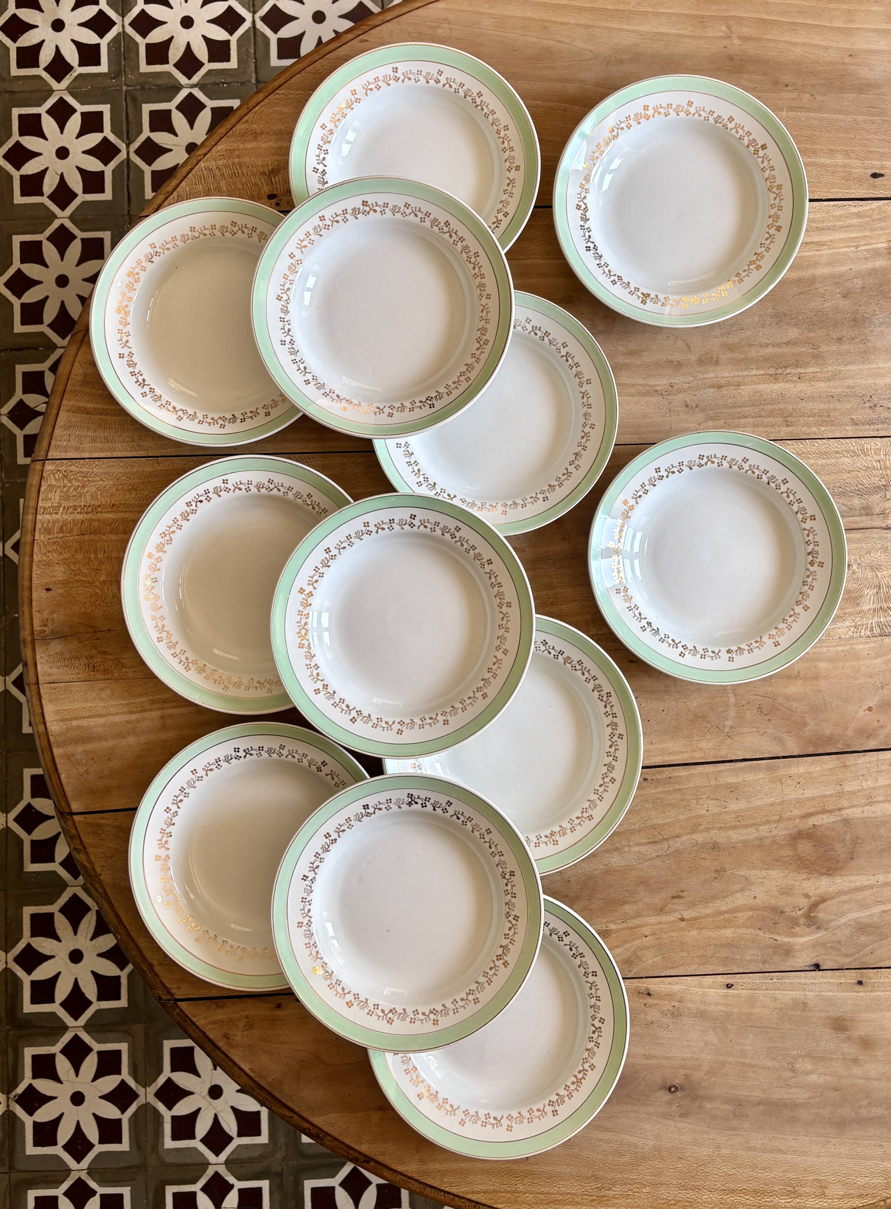 Set of 12 white, mint and gold soup plates, Mosèle de Luné model