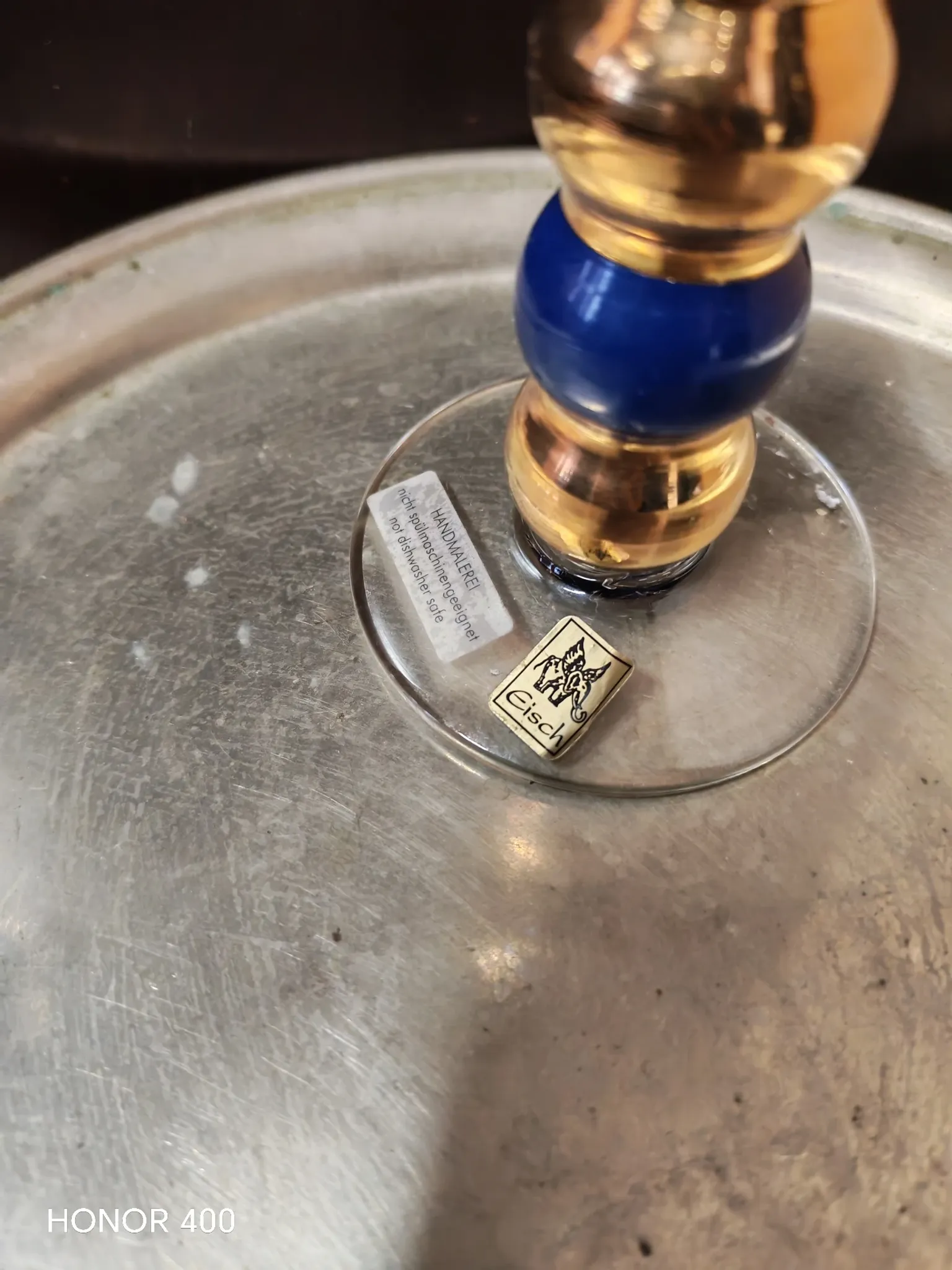 Post-modern cobalt blue glass candlestick, Memphis style.