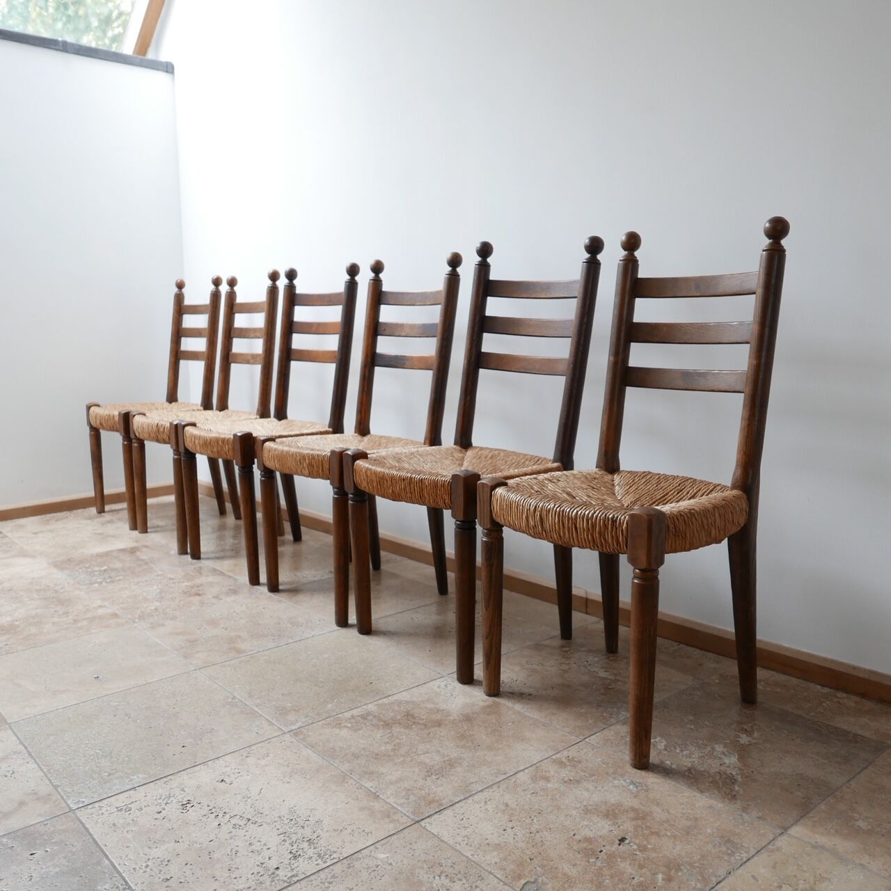 Set of 14 mid-century french rush farmhouse dining chairs
