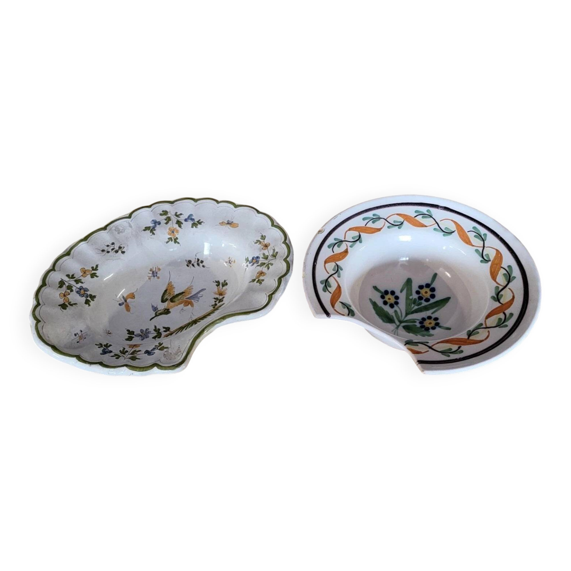 Two antique shaving dishes in decorated earthenware, hand-painted