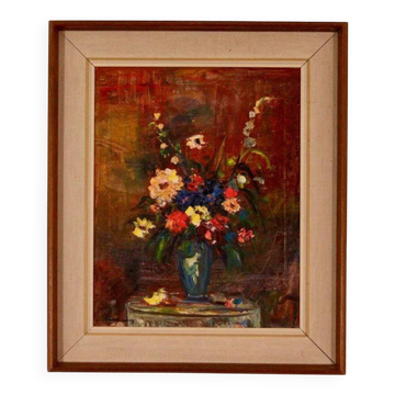 Huile sur toile originale – « Nature morte au vase » – Encadrée 45 × 54 cm