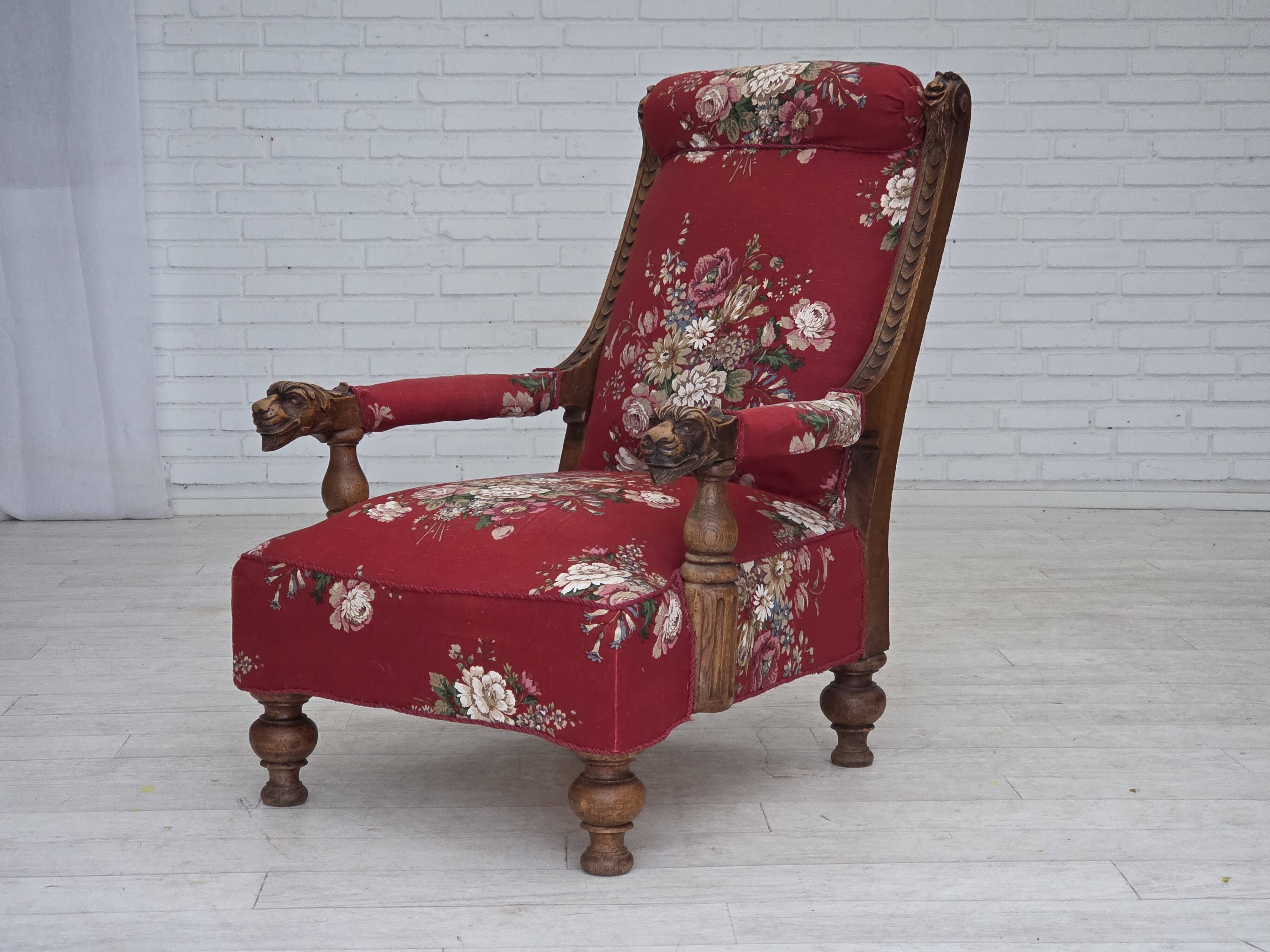 1920-30s, Danish armchair, furniture cotton fabric, hand carved oak wood.
