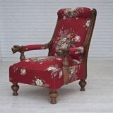 1920-30s, Danish armchair, furniture cotton fabric, hand carved oak wood.