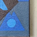 Mid-Century Modern Swedish "Geometric Blue", Vintage Abstract Oil Painting, Framed