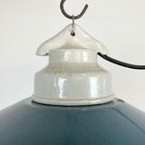 Industrial porcelain blue enamel pendant light with ribbed clear glass, 1970s