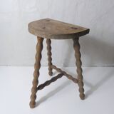 vintage half-moon tripod stool in turned solid wood with beaded edges
