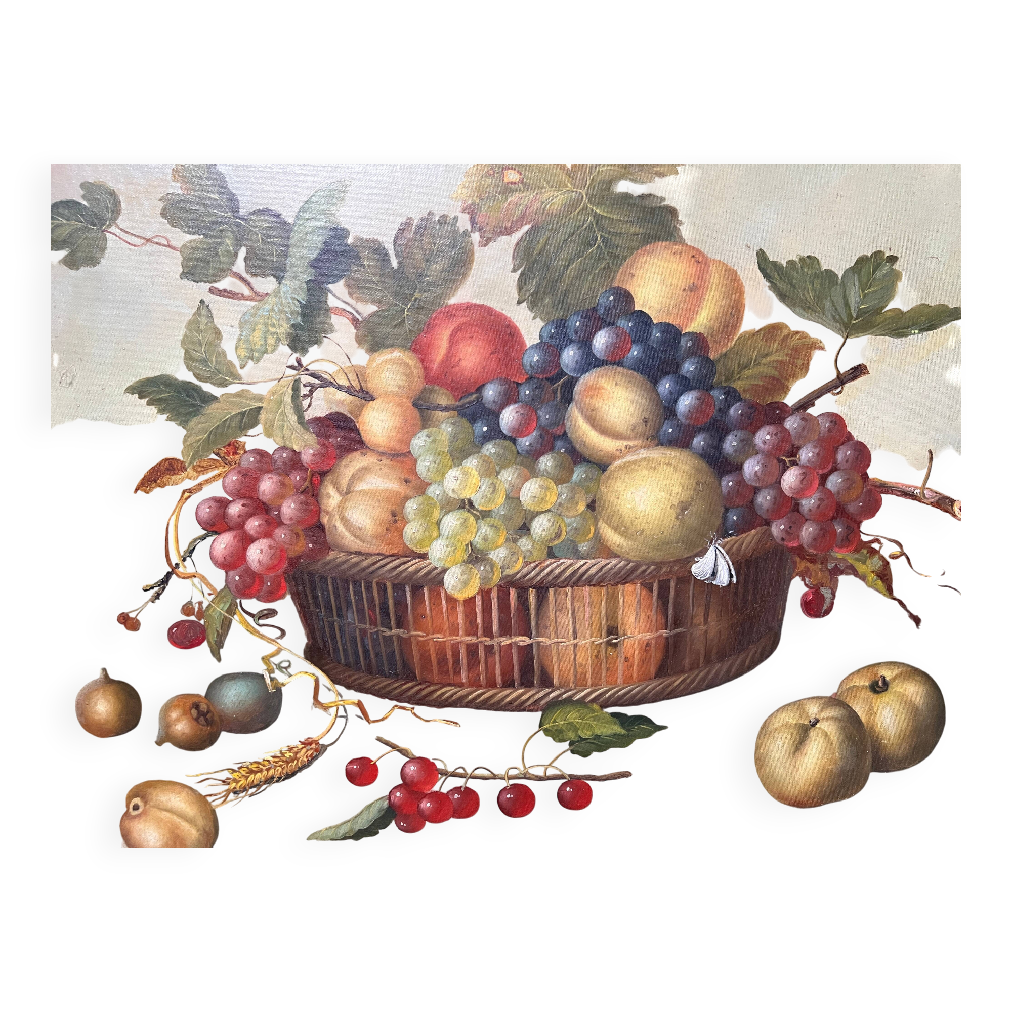 Still life painting of grapes and apples.