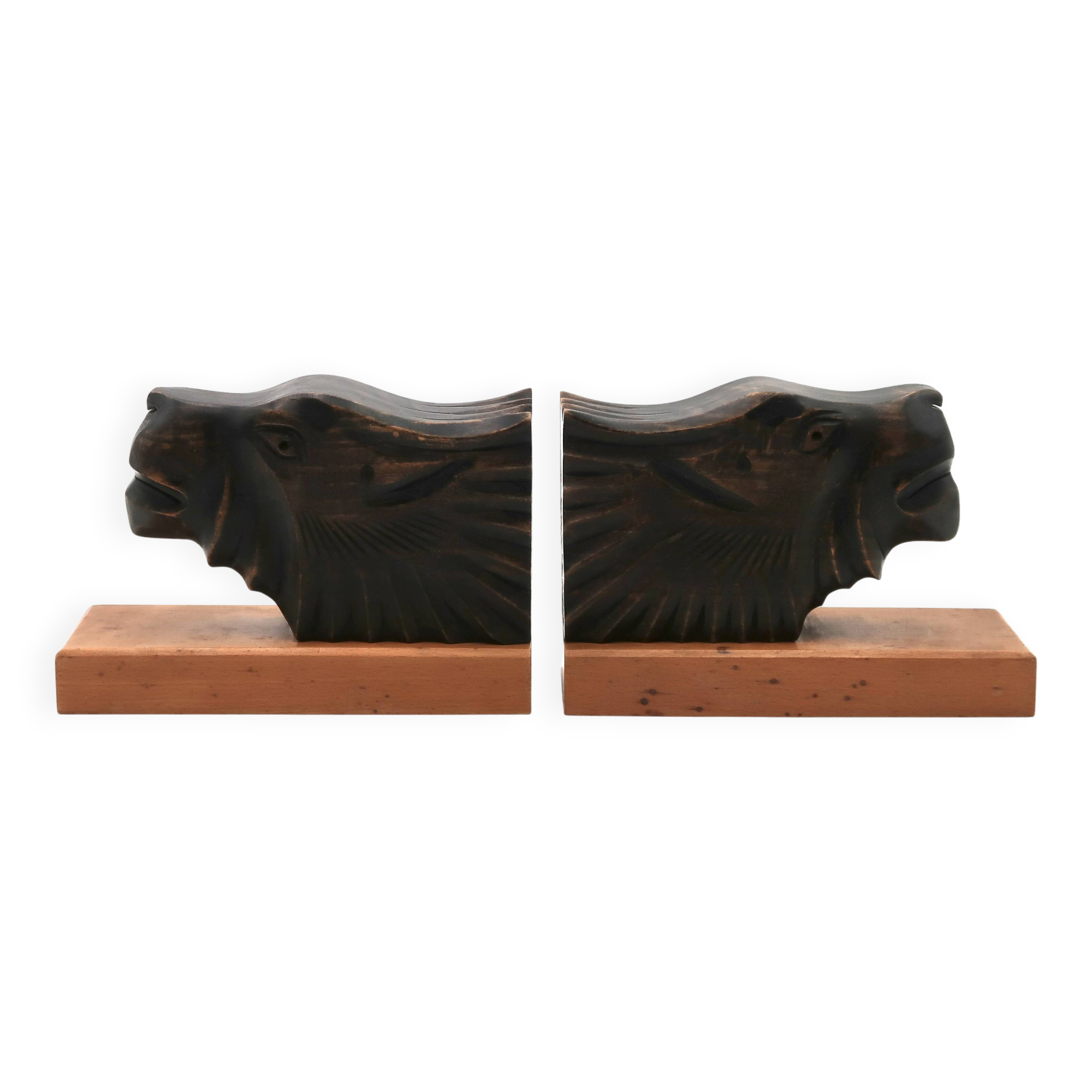 Art Deco wooden bookends with feline heads