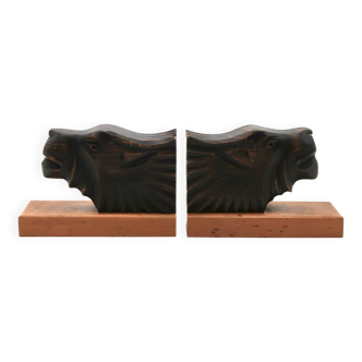 Art Deco wooden bookends with feline heads
